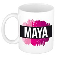 Maya naam cadeau koffie mok - beker - met roze verfstrepen - Cadeau collega - moederdag