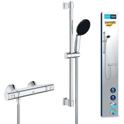 Doucheset met thermostatische mengkraan, 1-straal douchekop, 60cm staaf en flexibele slang - GROHE 34597001 - Waterbesparend - Chroom