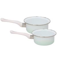 Melk en sauspannen set - 2x stuks - wit / blauw - D18 cm en D14 cm - emaille - steelpannen