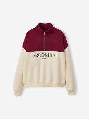 Meisjessweater met opstaande kraag, colorblock en geborduurde letters JONEN ecru