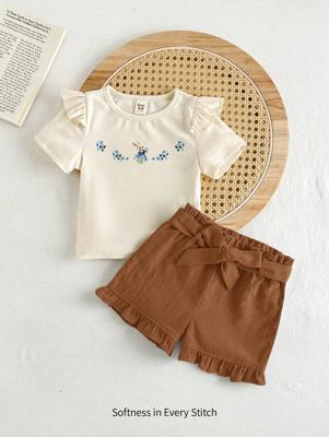 Bon&Bon Baby Girl Cute Floral & Rabbit Cartoon Print Round Neck Short Cap Sleeve Pullover Top And Elastic Waist Bow Decor Casual Shorts 2 Pieces Set, Brown / 6-9M