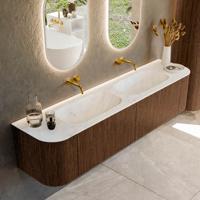 Badmeubel Mondiaz Kurve-Dlux | 190 cm | Meubelkleur Walnut | Wastafelkleur Opalo | Solid surface | Dubbele spoelbak | Zonder kraangat(en)