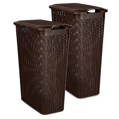 Smalle Wasmand met deksel Rotan - 2x - bruin - gevlochten kunststof - 48 liter - 27 x 46 x 60 cm