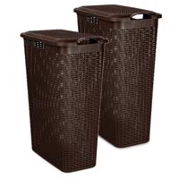 Smalle Wasmand met deksel Rotan - 2x - bruin - gevlochten kunststof - 48 liter - 27 x 46 x 60 cm