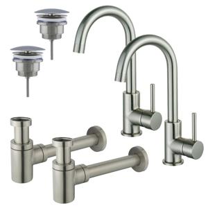 Fortifura Calvi Wastafelkraanset - voor dubbele wastafel - hoge wastafelkraan - draaibare uitloop - always open plug - verlaagde design sifon - Geborsteld RVS PVD (RVS) 2x SW809348/2x SW696207/2x SW696217