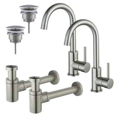 Fortifura Calvi Wastafelkraanset - voor dubbele wastafel - hoge wastafelkraan - draaibare uitloop - always open plug - verlaagde design sifon - Geborsteld RVS PVD (RVS) 2x SW809348/2x SW696207/2x SW696217