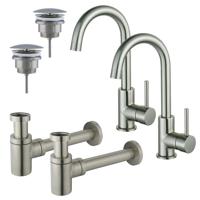 Fortifura Calvi Wastafelkraanset - voor dubbele wastafel - hoge wastafelkraan - draaibare uitloop - always open plug - verlaagde design sifon - Geborsteld RVS PVD (RVS) 2x SW809348/2x SW696207/2x SW696217