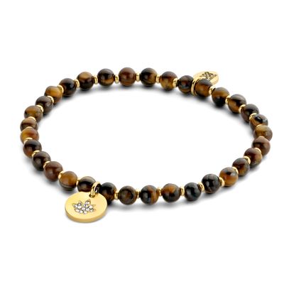 CO88 Collection 8CB 90733 Armband Dames - Tijger oog Kralen - 4mm - Metalen kraaltjes - Hangertje - Lotus - Goudkleurig