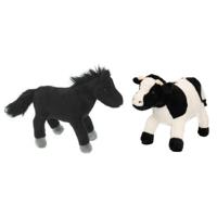 Pluche knuffel boerderijdieren set - Koe en zwart Paard - van 20 cm - Zachte kinder knuffels
