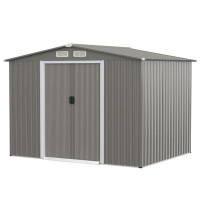 Tuinhuisje met Fundering Verzinkt Stalen Gereedschapsschuurtje met Dubbele Deuren & Oprit Metalen Buitenhuisje 260x207x180cm (Grijs)
