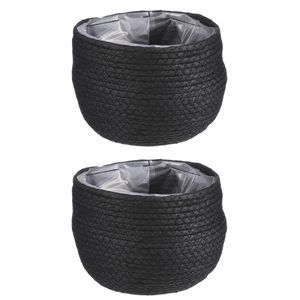 2x stuks naturel zwart rotan planten pot mand van gedraaid jute/riet H15 en D18 cm - Plantenpotten