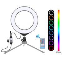 PULUZ 6 2 inch 16cm USB RGBW Dimbare LED ring Vloggen fotografie video lichten met koude schoen statief bal hoofd & afstandsbediening (zwart)