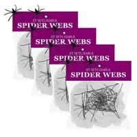 Decoratie spinnenweb/spinrag met spinnen - 4x - 60 gram - wit - Halloween/horror versiering