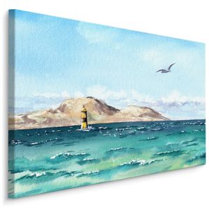 Schilderij Vuurtoren in de zee (print op canvas), blauw, premium print