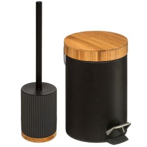 Badkamer/toilet set - WC-borstel en pedaalemmer - metaal/polyresin/hout - zwart