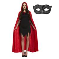 Halloween gemaskerd bal verkleedset - Oogmasker zwart - Lange cape met capuchon rood - volwassenen