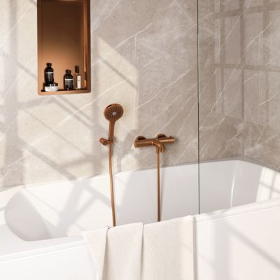 Opbouwset Bad- en Douchekraan Brauer Copper Edition Thermostatisch Met Wandhouder En Handdouche 3 Standen Geborsteld Koper Brauer