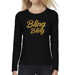 Glitter en Glamour feest longsleeve shirt dames - bling bling goud - zwart - feestkleding