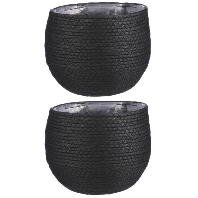 Naturel zwart rotan planten pot mand van gedraaid jute/riet H19 en D22 cm