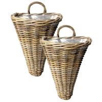 Wandhanger mand - 2x - bruin - 30 x 26 x 37 cm - rotan - gevlochten - voor bloemen/planten