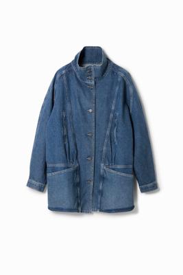 Gestreepte denim jas met V-hals - BLUE - M