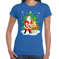 Foute Kerst t-shirt kerstman en rendier Rudolf blauw dames - thumbnail