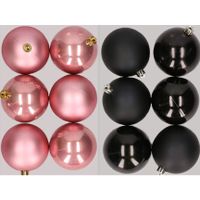 12x stuks kunststof kerstballen mix van oudroze en zwart 8 cm - thumbnail