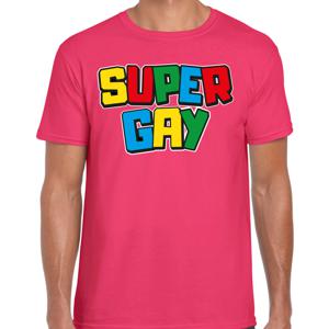 Bellatio Decorations Gay Pride T-shirt voor heren - super gay - fuchsia - pride - regenboog - LHBTI 2XL  -