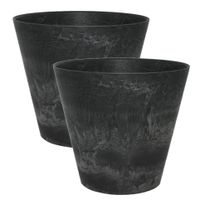 2x stuks plantenpot/bloempot in een natuursteen look Dia 22 cm en Hoogte 20 cm zwart