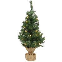 Kerst kerstbomen groen in jute zak met verlichting 75 cm - Kunstkerstboom - thumbnail