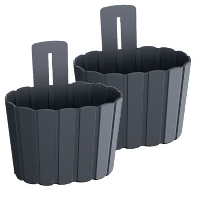 Set van 2x stuks wood-look muur plantenpot/bloempot kunststof dia 20 cm/hoogte 15 cm antraciet Set van 2x stuks wood-look muur plantenpot/bloempot kunststof dia 20 cm/hoogte 15 cm antraciet