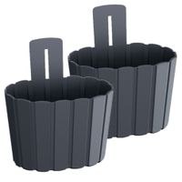 Set van 2x stuks wood-look muur plantenpot/bloempot kunststof dia 20 cm/hoogte 15 cm antraciet - thumbnail