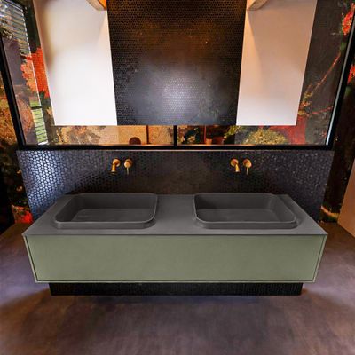 Badkamermeubelset Mondiaz Erin 150 cm met 1 Lade met RIDGE Wastafel Dubbel Dark grey Zonder Kraangaten Greeploos Mat Army