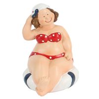 Home decoratie beeldje dikke dame zittend - rood badpak - 10 cm   -