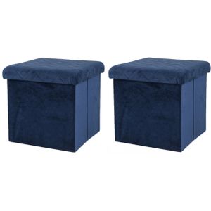 Poef/hocker - 2x - opbergbox zit krukje - velvet donkerblauw - polyester/mdf - 38 x 38 cm - opvouwba