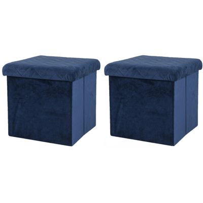 Poef/hocker - 2x - opbergbox zit krukje - velvet donkerblauw - polyester/mdf - 38 x 38 cm - opvouwba