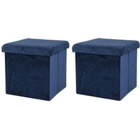 Poef/hocker - 2x - opbergbox zit krukje - velvet donkerblauw - polyester/mdf - 38 x 38 cm - opvouwba