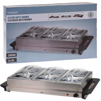 Elektrische buffetwarmer - 2 in 1 - RVS - 3 schalen - 300W - warmhoudplaat Elektrische buffetwarmer - 2 in 1 - RVS - 3 schalen - 300W - warmhoudplaat