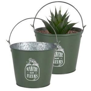 Plantenpot/bloempot emmer voor buiten - 2x - zink - legergroen - D24 x H19 cm