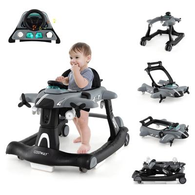6-In-1 Loophulp Loopwagen met Verstelbare Hoogte en Snelheid Babywalker Vliegtuigmotief met Afneembaar Muziekdoosje en Eetplateau