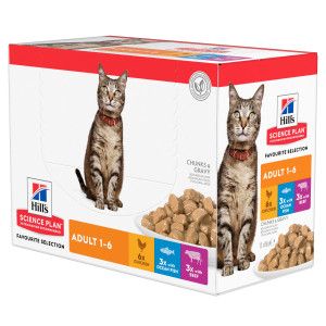 Hill&apos;s Adult Favourite Selection nat kattenvoer met kip, rund & zeevis maaltijdzakje combipack 1 doos (12 x 85 g)