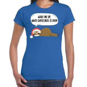 Luiaard Kerst t-shirt / outfit Wake me up when christmas is over blauw voor dames