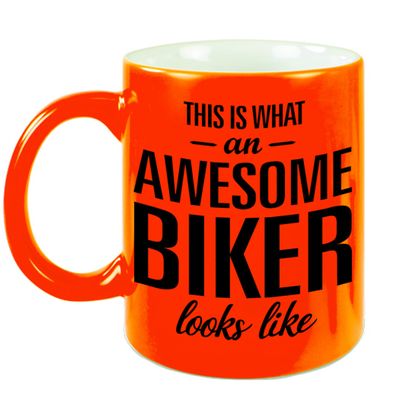 Awesome biker cadeau mok / beker neon oranje 330 ml Awesome biker cadeau mok / beker neon oranje 330 ml