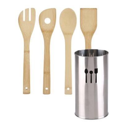 Urban Living Keukengerei - houten spatels set 4-delig - RVS houder - Keuken pollepels/spatel