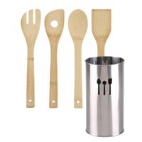Urban Living Keukengerei - houten spatels set 4-delig - RVS houder - Keuken pollepels/spatel