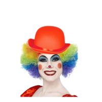 Clown verkleed set gekleurde pruik met bolhoed rood