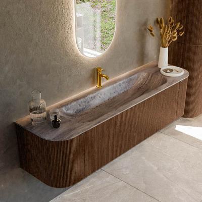 Badmeubel Mondiaz Kurve-Dlux | 170 cm | Meubelkleur Walnut | Wastafelkleur Oza | Solid surface | Wasbak midden spoelbak | 1 kraangat