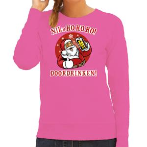 Foute kersttrui/sweater voor dames - kerstman - roze - niks ho ho ho doordrinken