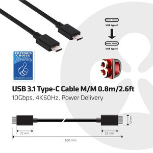 CLUB3D USB Type-C Cable M/M 0.8Meter Active PD ~100Watt 4K60Hz