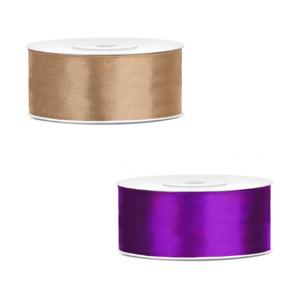 Bellatio decorations 2x rollen satijn cadeaulint/sierlint - 2.5 cm x 25 meter - paars en goud